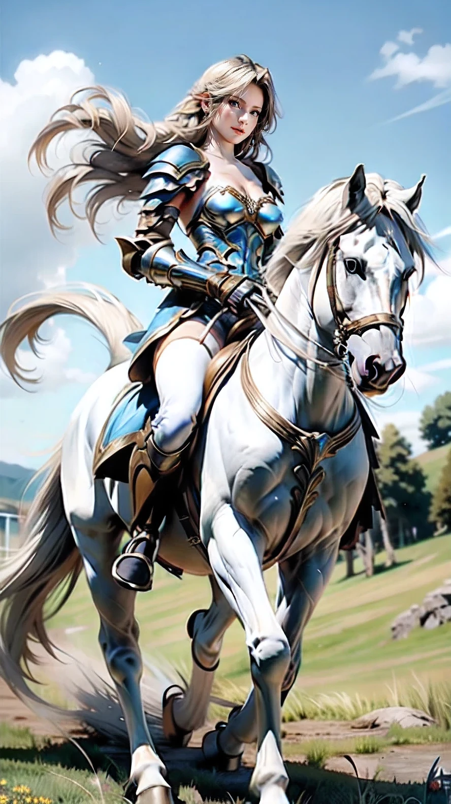 helena,((best quality)), ((anime masterpiece)), (high detailed), 8k, cinematic lighting, perfect face, a young female knight riding a HORSE, (green eyes, long hair, {blonde hair}, medium breast, cleavage), (helena, white armor, silver shoulder pads, gauntlet, white glove, miniskirt, armored boots), ((white horse:1.2, {white mane}, white tail, saddle, blanket, reins, bridle, stirrups)), FULL BODY, in the grassland, blue sky, solo, medieval fantasy settings, anatomically correct