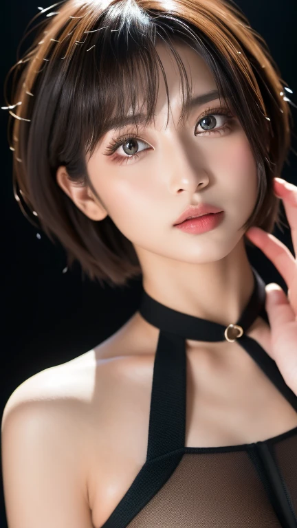 1girl in, Long hair, Heterochromia, Gradient Hair: 1.5, Focus, (abstract theme, Abstract background, cube, ) Smile, impactful. masutepiece, One Beautiful Girl, Detailed eyes, Swollen eyes, of the highest quality, Ultra High Resolution, (Realistic: 1.4), Film Lighting, Japanese, Asian Beauty, Korean, Very beautiful, Beautiful skin, slender, body facing forward, (A hyper-realistic), (High resolution), (8K), (Very detailed ), ( Best Illustration), (beautifully detailed eyes), (super detailed), (Wallpaper), Detailed face, Lighting is Bright, Professional Lighting, Looking at Viewer, Facing forward, Smiling, Short hair, Clean clothing, slightly blurred background, Street Trees, Rain, Hair Color Some Vivid Red,The nipple is visible