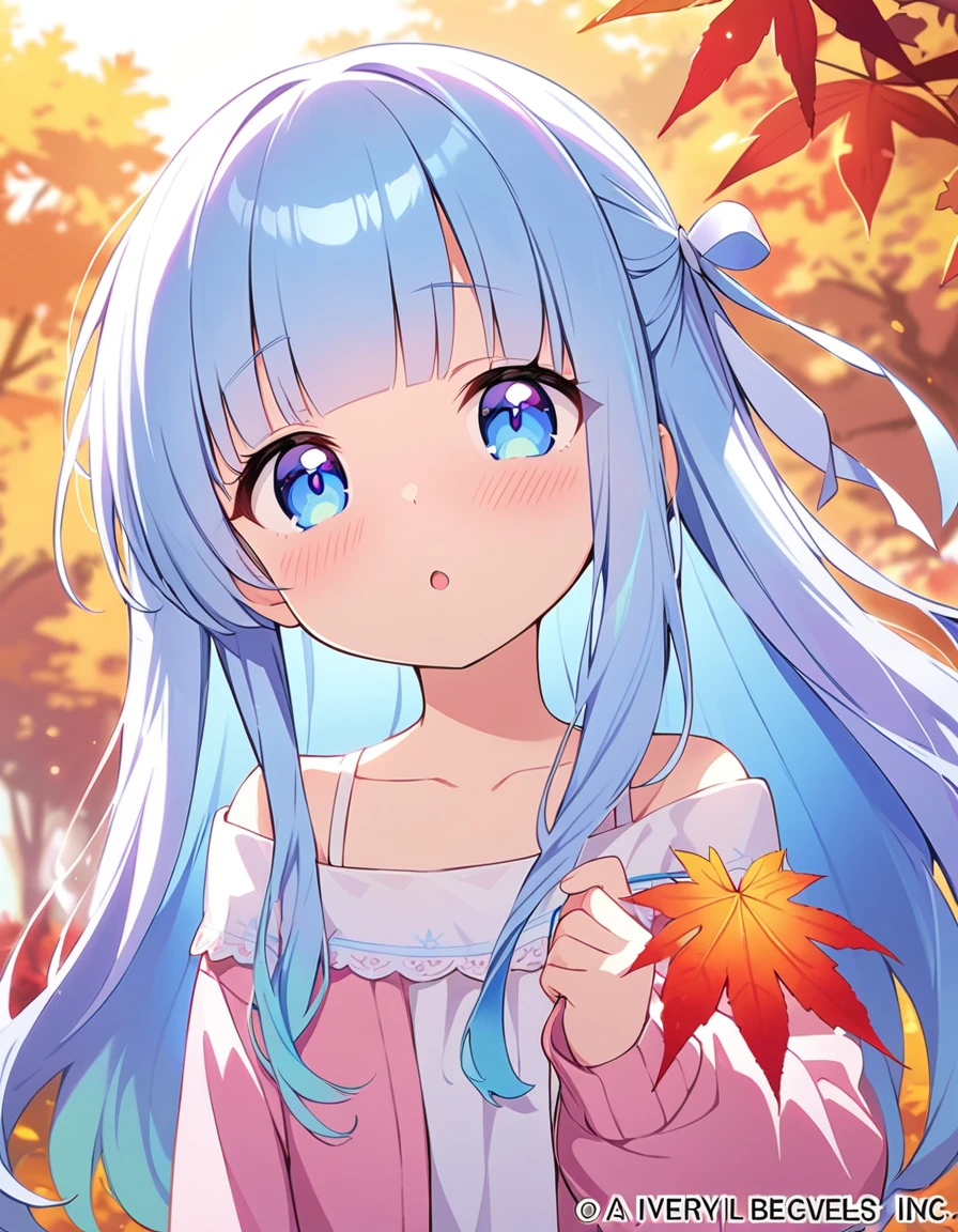  extremely detailed, (illustration, official art:1.1), 1 girl ,, ,(((( light blue long hair)))),light blue hair, ((iridescent hair, half blue and half pink hair: 1.2)),, long hair ((blush)) , cute face, big eyes, masterpiece, best quality,(((((a very delicate and beautiful girl))))),Amazing,beautiful detailed eyes,blunt bangs((((little delicate girl)))),(((tareme))),droopy eyes.(true beautiful:1.2), sense of depth,dynamic angle,,blurry, cardigan,,, affectionate smile, (true beautiful:1.2),,(tiny 1girl model:1.2),)(flat chest),amazing, beautiful detailed eyes, blunt bangs (((little delicate girl)))), tareme,, best quality,, absurdres, 1girl, solo,,, maple leaf,autumn leaves,,smile,leaf,holding leaf,hair ribbon,:o ,shy , (half open eyes), head tilt, embarrassed, blush,enbarrased,、((petite,,))),Off-shoulder, bare collarbone