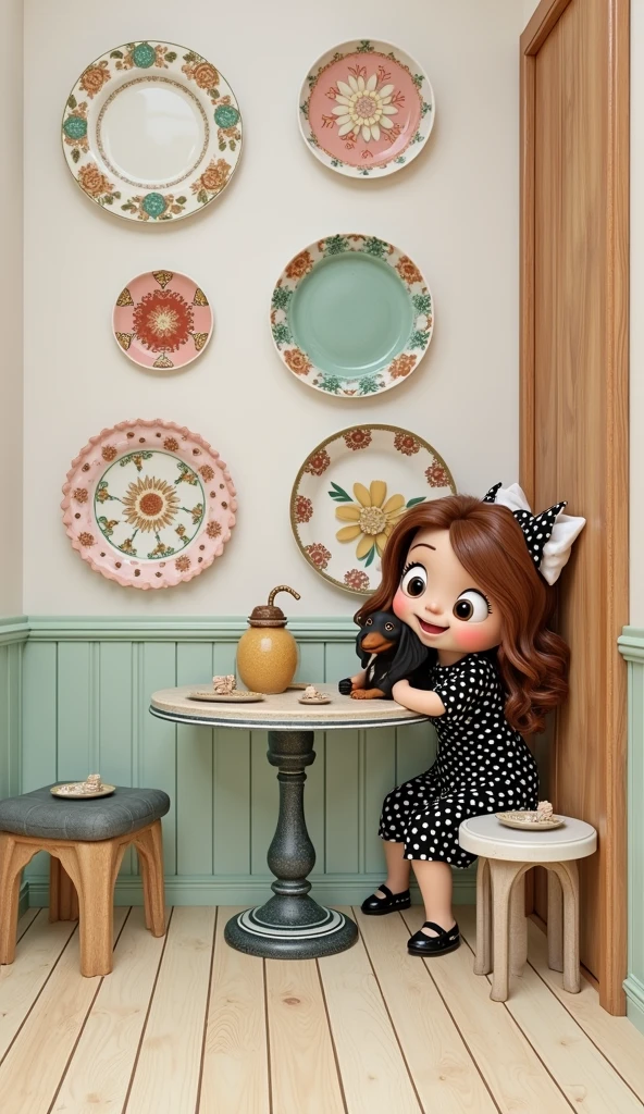 Uma boneca de morango colocando amido de milho com uma colher em uma tigela na mesa da cozinha, ajudando uma menina a fazer um bolo, ao fundo uma cozinha vintage, ::style 3D renderizado, ::n_style deformed hands, rosto deformado, utensilios deformados