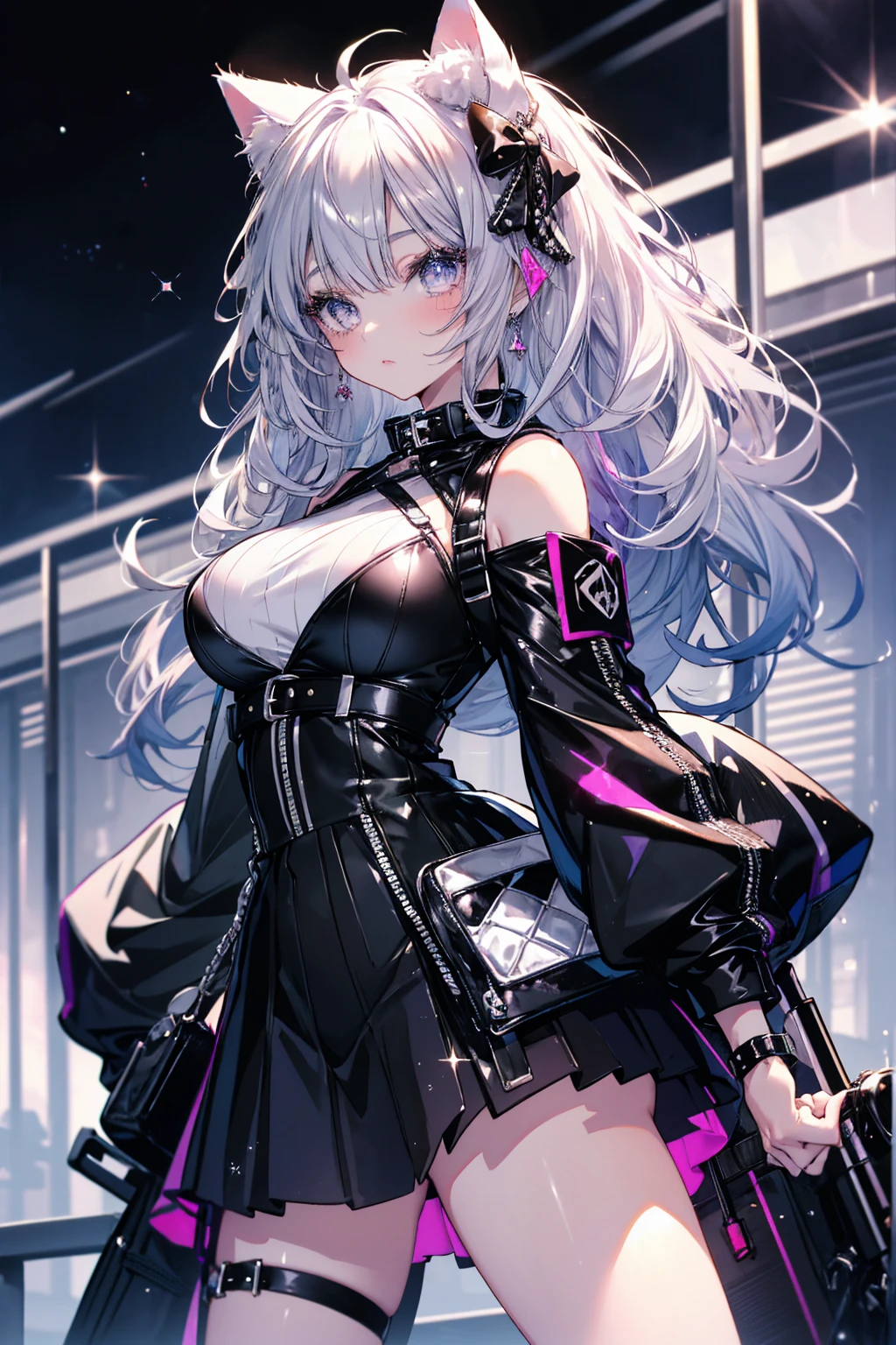 Hyper Quality、8K quality、High resolution、Image quality captured with a single-lens reflex camera、(software)、Perfect Anatomy、(Pink Shorthair、Shoulder-length hair、Inner color purple:1.3)22 year old beauty.Mature face、(Gal Makeup、eyeliner、Red Lip:1.2)、blue eyes(Sharp look:1.4)(Good shape and normal breasts) BREAK (ROCK gal coordination)(Big Hat) ((Black rider jacket on top:1.4)(Wear a draped white leopard print dress underneath、Black sheer innerwear:1.2))(Pink as an accent color)(Gorgeous long skirt with a tight silhouette and satin texture、Plain gold and black stockings)Black stockings and boots、gold earrings、BREAK(Perfect Anatomy:1.4)break(Looking away:1.2)(Asahi、In front of Kobe Airport on a bright early morning:1.3)