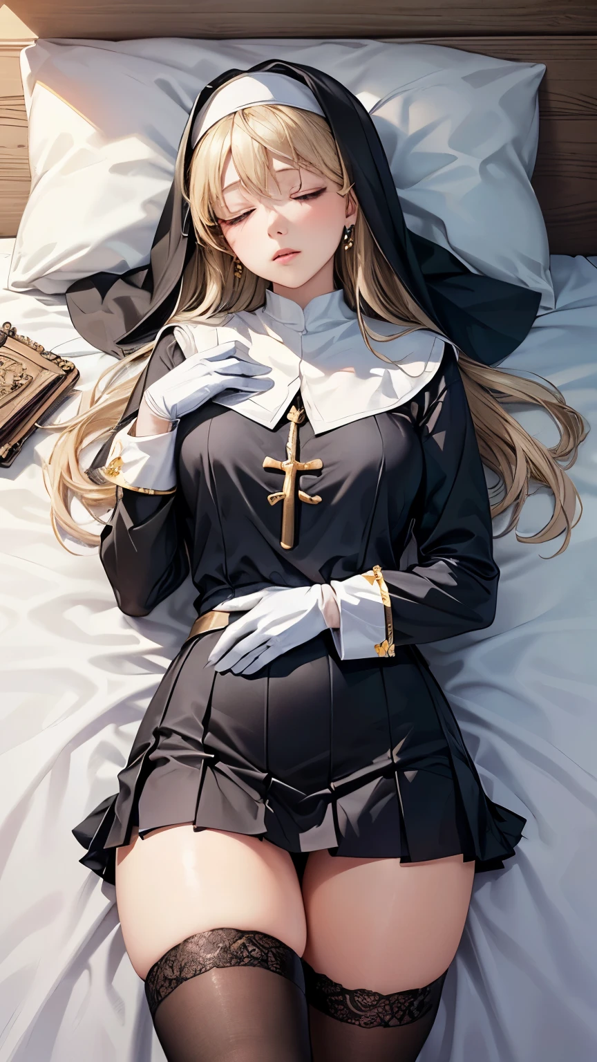 1 girl,Blonde long hair,((Nun in religious garb)),((4K,8k,CG Unity,Masterpiece,masterpiece,Best Quality:1.5)),Official image,Perfectly correct anatomy,((Realistic:1.2)),Bust Up,((Sleeping with a book on the bed)),cute sleeping face , Perfect Beautiful Girl ,Beautiful woman, Supermodels, Beautiful Detailed Skin Texture ,Beautiful Lips,Very detailed acrylic painting,Very beautiful and smooth hair, Pro Lighting,Perfectly correct hand shape, Black Pleated Micro Mini Skirt,Black thigh-high stockings,White gloves,Small sparkling earrings
