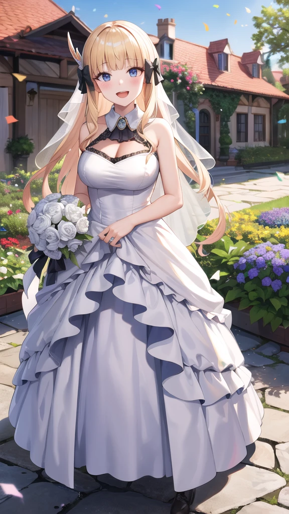 masterpiece, best quality, highres, aasaren, long hair, blonde hair, hair bow, black bow, hair ornament, blunt bangs, pointy ears, large breasts, wedding dress, standing, garden, confetti, holding bouquet, smile, open mouth,