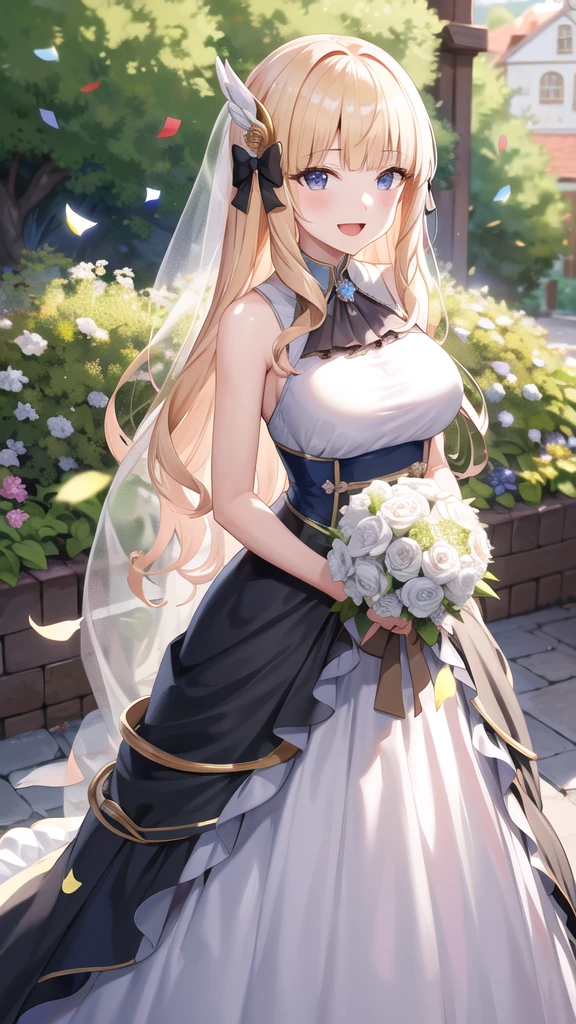 masterpiece, best quality, highres, aasaren, long hair, blonde hair, hair bow, black bow, hair ornament, blunt bangs, pointy ears, large breasts, wedding dress, standing, garden, confetti, holding bouquet, smile, open mouth,