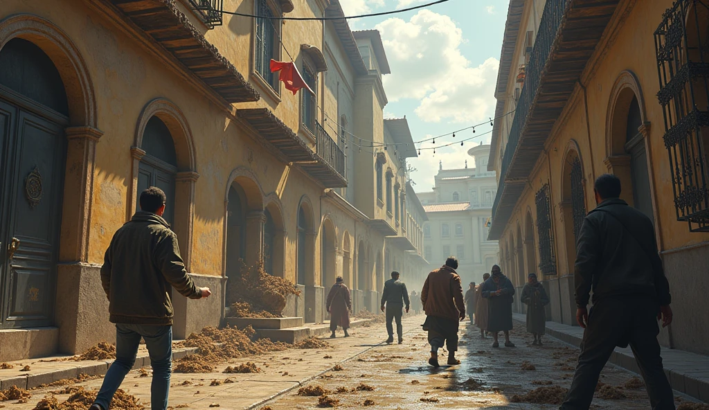 Guerra, blood on the ground, children running, corpos mortos,  Elderly people on the sidewalk of the city. Cidade toda destruida com marcas de tiro