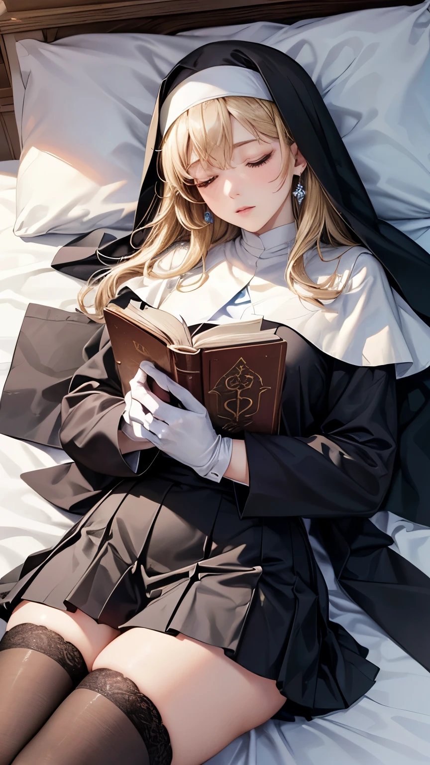  1 girl，Blonde long hair，((Nun in religious garb))，((4K，8k，CG Unity，Masterpiece，masterpiece，Best Quality:1.5))，Official image，Perfectly correct anatomy，((Realistic:1.2))，Bust Up，((Sleeping with a book on the bed))，cute sleeping face ， Perfect Beautiful Girl ，Beautiful woman， Supermodels， Beautiful Detailed Skin Texture ，Beautiful Lips，Very detailed acrylic painting，Very beautiful and smooth hair， Pro Lighting，Perfectly correct hand shape， Black Pleated Micro Mini Skirt，Black thigh-high stockings，White gloves，Small sparkling earrings