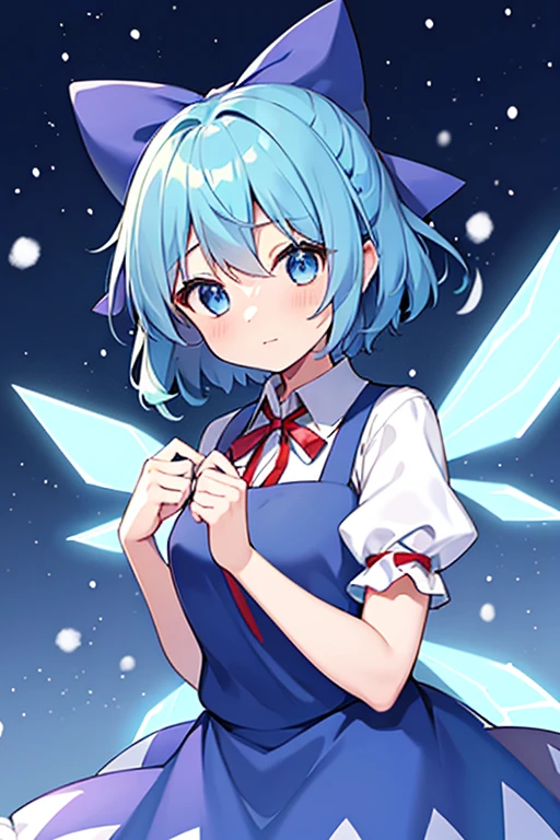 1girl, cirno (touhou), short_hair, blue_hair, ice_wings, fairy_wings, blue_eyes, bangs, white_shirt, collared_shirt, puffy_short_sleeves, blue_dress, pinafore_dress, red_ribbon, neck_ribbon, blue_bow, green_bow, hair_bow, bow, saigyou_ayakashi, bare_tree, christmastech, scifi, supernatural_lights, christmas, cute, girl, snow, snowfall