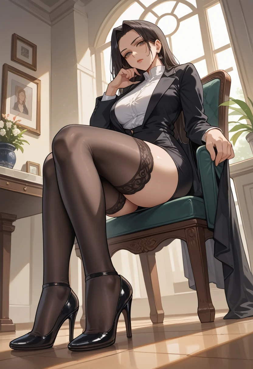 ((最high quality)), ((masterpiece)), (be familiar with)  perfect face　Mature beautiful Japanese woman、Long legs、 sitting on a chair , ,whole body,Crossing your legs,  viewers,Staring sadly, High Resolution ,high quality, masterpiece , black suit、Black tight skirt, White open shirt, Black jacket, black high heels,  black stockings ,  give permission to lick the heels of her shoes , pull high heels to the camera to get licked,View from below,Push high heels into the camera , High heels close up
