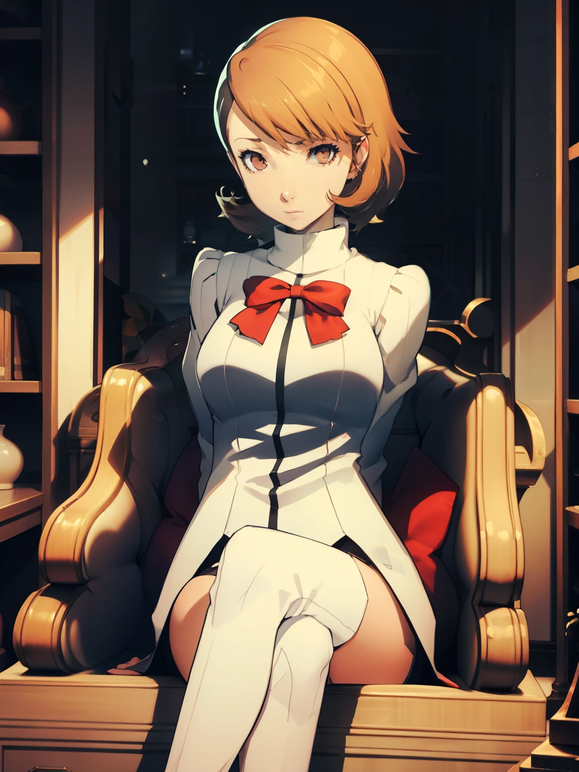 Persona 5 Takeba Yukari sitting with crossed legs