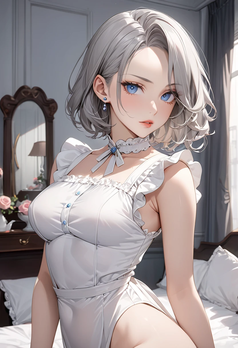 ((best quality)), ((masterpiece)), (detailed), 1 woman, Slim, curvy body, (Long Ash gray hair), (piercing blue eyes), (high cheekbones), (delicate neck), (slender build), (porcelain skin), (full lips), (rosebud complexion), (early 30’s), (maid outfit), (bedroom)