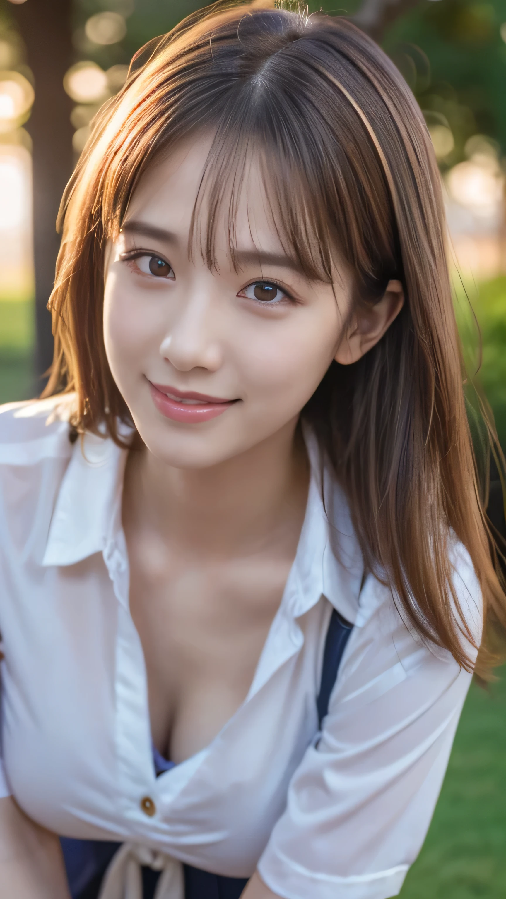 (High quality, High resolution, Fine details, Realistic), campus, evening, setting sun shines, solo, School uniform, open chest area, woman, Blonde hair, tilt head, sparkling eyes, Detailed eyes, grin, blush, Large breasts, Sweat, Oily skin, Shallow depth of field