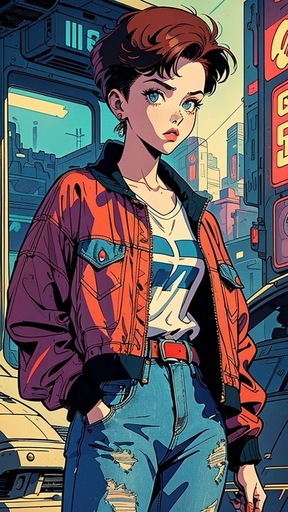 Beautiful woman with short red hair, freckles in her eyes, streetwere clothes, loose and patterned clothes, denim jacket, dynamic pose, futuristic environment, cyberpunk environment, well-marked lines, very evident outline in the drawing,  90's cartoon style, Vintage cartoon style, Jae Lee style, J.H. Williams III style, Sean Murphy style