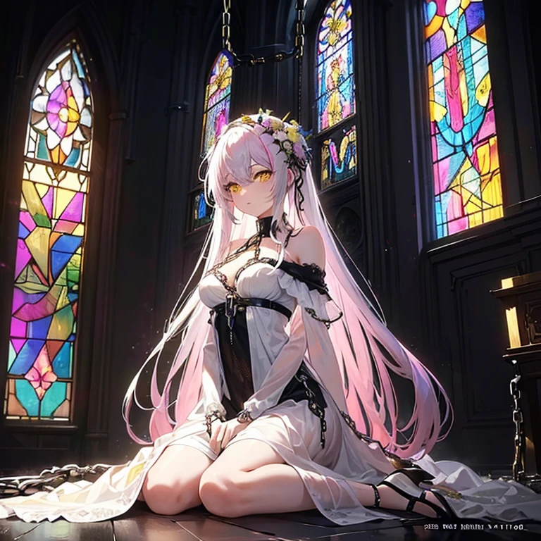 (wilted flowers), ((masterpiece)) ((highest quality)), official art, beautiful and aesthetic: 1.2), (1 woman), very detailed, colorful, long white-pink hair, yellow eyes. Asymmetrical dress. Dark Cathedral of Time. stained glass art. ((Chained to the room)) ((Wearing chains)) Sitting on her knees.