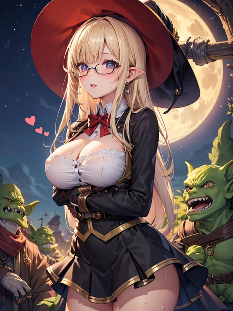 (detailed),High image quality,4K,witch,Big Breasts,One Woman,( wearing a hat ),Tattered clothes, underbust ,(四つん這いになるwitch),Low Angle,(ゴブリンに囲まれるwitch),( Excited expression ),(Goblin that becomes a horse rider),Ruins,Dungeons,New Moon Night,Ferocious Goblins ,(Catch a woman),(hugging goblins ),(Massage your breasts),,( attacked by goblins ),Glasses,sweat,(Turn your pupils into hearts ),Turn your eyes into hearts, lots of hearts,( has heart-shaped eyes and is flattering),(Fawning expression),(ゴブリンに屈服するwitch),(Kiss)