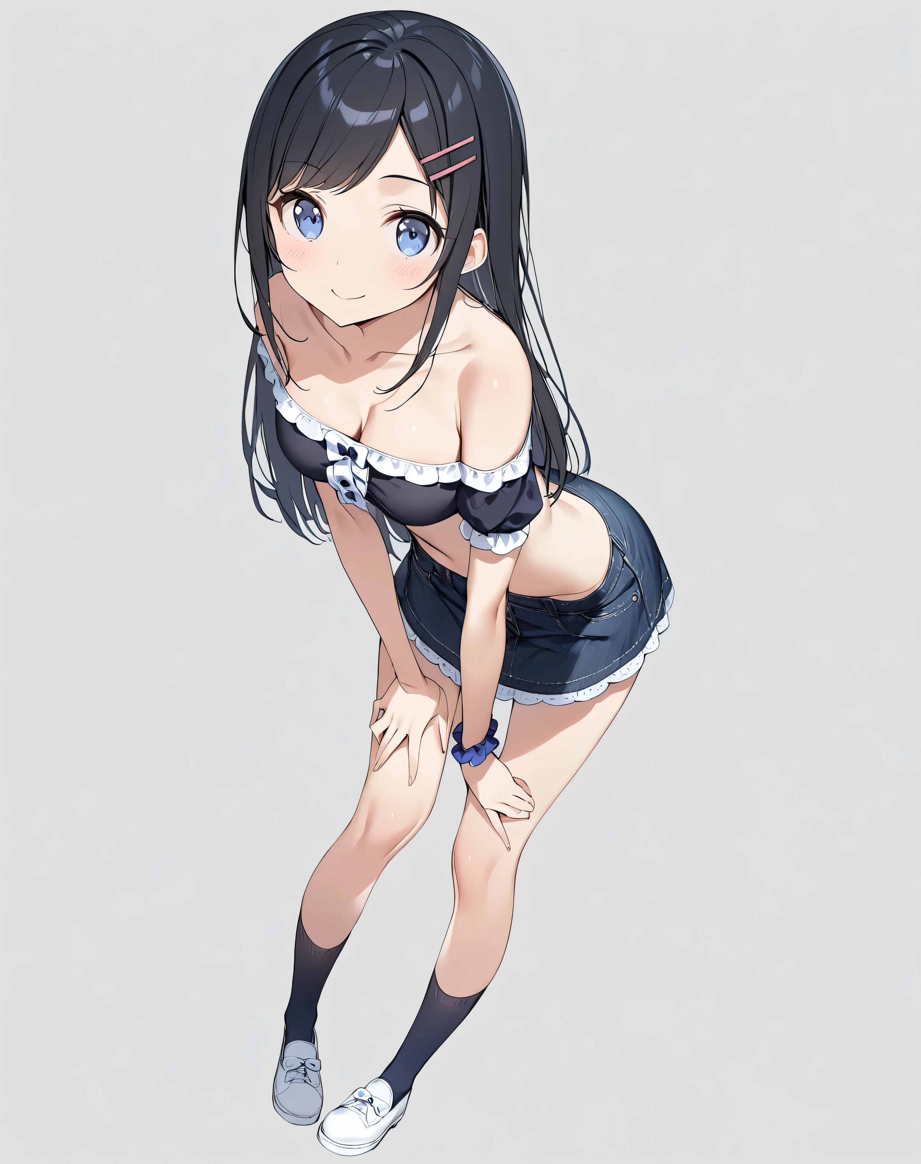 (masterpiece)、High image quality、( High Resolution )、detailed、Intricate details、4K、8k、
( high contrast:1)、
( head to toe:1.5、Full body view:1.5)、In the center:1.0、
(Ayase Aragaki)、、
(so beautiful:0.9)、(Very cute:0.9)、
Round face、(Brighten the face:0.3)、
( STRAIGHT HAIR)、(Long black hair)、bangs、(Hair Clip)、
(detailed顔:0.7)、(High nose:0.5)、(smile:1.0)、
Beautiful breasts、Round Breasts、
Five Perfect Fingers、blue eyes、Slim and curvy figure、
(White skin)、 Delicate and smooth skin 、Beautiful Skin、 textured skin、
(White off-the-shoulder top)、(Dark denim mini skirt)、
(Pink frills on the hem of the skirt)、Blue knee-high socks、White pumps、 Blue scrunchie on wrist、
( Leaning Forward :0.5)、
staring at viewers ,
Slender body,
medium breasts,
Small stature,
( solo focus :1.0),
(standing:1.2),
(Full Body Shot:1.2),
( to emphasize muscles),
(No background:1.5),