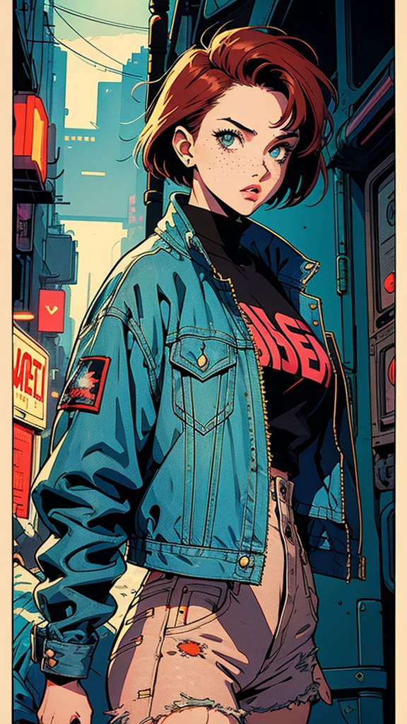 Beautiful woman with short red hair, freckles on her face, streetwere clothes, loose and printed clothes, denim jacket, dynamic pose, futuristic environment, cyberpunk environment, well-marked lines, very evident outline in the drawing,  90's cartoon style, Vintage cartoon style, Jae Lee style, J.H. Williams III style, Sean Murphy style