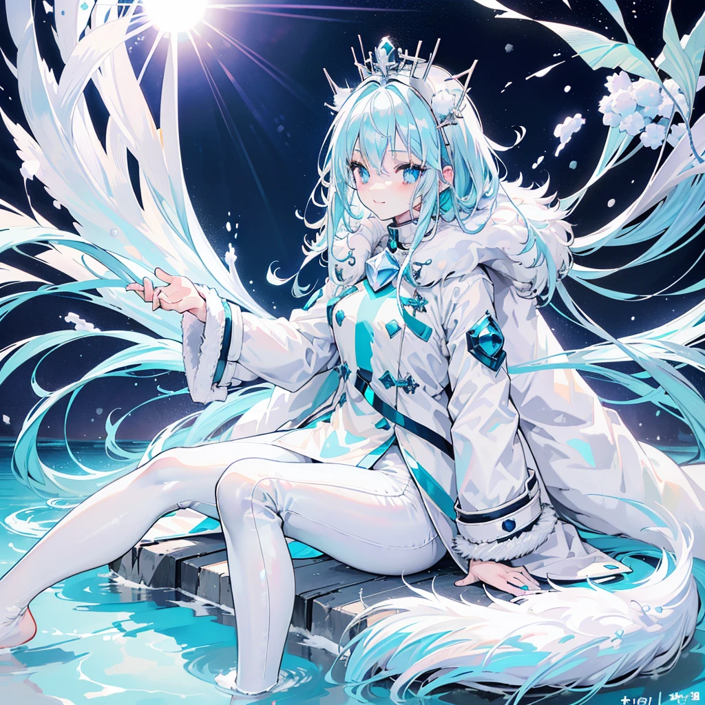 Anime , ((((White and Blue winter coat with fur)))), blue hand and thigh accessories, (((long light (glowing) aqua hair))), ((hair accessories)), ((black eyes)), (((blue decorations around the entire body))), (smiling), pale skin, neck, shoulders, medium chest, arms, hands, medium waist, legs, medium thigh, cute, blue stripes on dress, (wearing white gloves), (((((crouching next to a river in a grassfield))))), serious, cinematic light, high resolution, highest quality, ultra detailed, detailed face, (detailed eyes), best quality, hyper detailed, masterpiece, (detailed face), clean face, detailed eyes, ((((white and aqua long robes covering all of the legs)))), (((wearing see through tight pants and clothes))), ((barefoot)), ((((ice around her body)))), ((sleeves covered in see through tight clothes)), (((floating))), ((hands dipped in water)), (((no blush or red on face))), ((((leg and feet rings and decorations))))