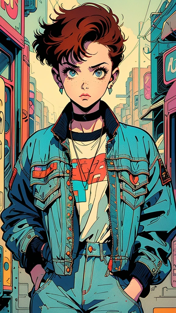 Beautiful woman with short red hair, freckles on her face, streetwere clothes, loose and printed clothes, denim jacket, dynamic pose, futuristic environment, cyberpunk environment, well-marked lines, very evident outline in the drawing,  90's cartoon style, Vintage cartoon style, Jae Lee style, J.H. Williams III style, Sean Murphy style