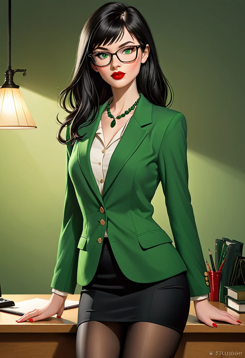 (realistic illustration:1.4). beautiful woman of Irish descent. tall, sexy figure, small perky breasts,(pale:1.3)complexion. black hair,(bangs), green eyes, nice legs, sexy confident lawyer, kind eyes,, eyeglasses, mascara, red lipstick, necklace, Green blazer, blouse, black pencil skirt, tan pantyhose, stiletto heels,(studio lighting,single light source,core shadows),