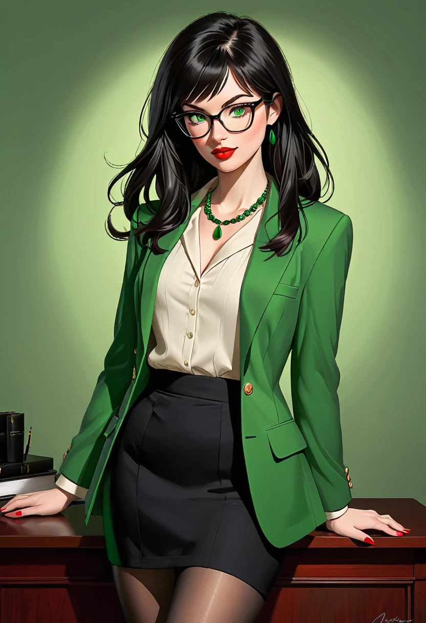 (realistic illustration:1.4). beautiful woman of Irish descent. tall, sexy figure, small perky breasts,(pale:1.3)complexion. black hair,(bangs), green eyes, nice legs, sexy confident lawyer, kind eyes,, eyeglasses, mascara, red lipstick, necklace, Green blazer, blouse, black pencil skirt, tan pantyhose, stiletto heels,(studio lighting,single light source,core shadows),