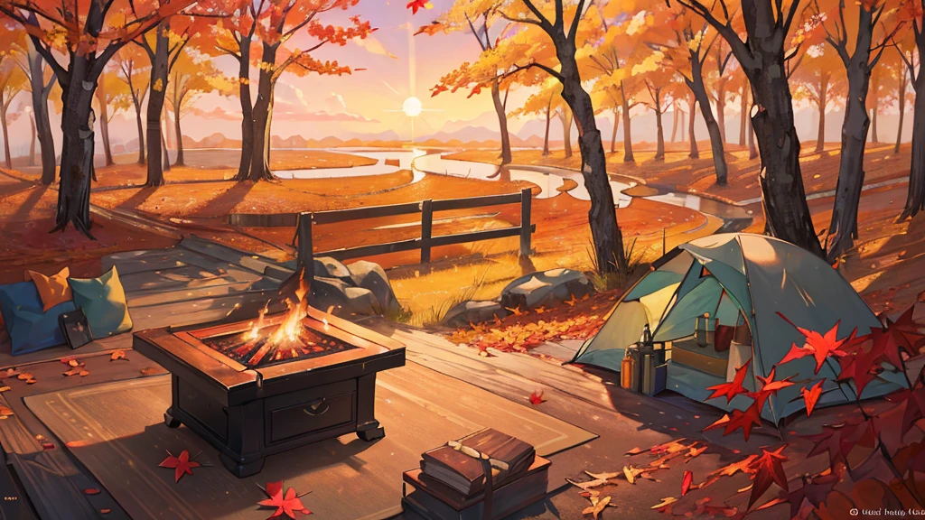 (masterpiece:1.2), Best Quality,Pixiv,  High Resolution , Super detailed, The careful depiction of only landscapes that do not include people （1.7）No humans appear,Humans not included,
Fall campground、There is a tent set up in front of me and there is a stove made of stone 、Fallen leaves and autumn leaves that block the view fly through the air
Mori Sora、The beautiful light of the Spirit Sunset shines in 、 leaves, natural beauty, surprise, magic, red leaves, yellow leaves, autumn leaves, forest light effects, mysterious atmosphere, shadow composition, otherworldly experience