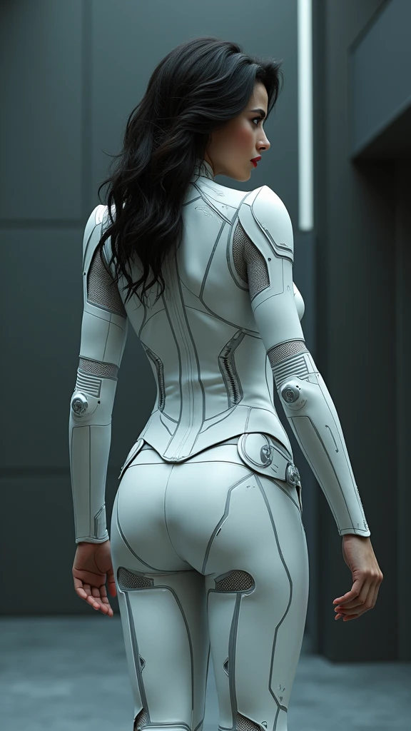 rear view, backside view,(obra maestra、4k-resolution、Un hiperrealista、ighly detallado、Dale la espalda), (White superhero theme、carisma、There&#39;s a girl dressed as white spider-man over the city.、de espaldas。she is a superhero)、 [((25-years old)、(Pelo largo y negro de cola de caballo:1.2)、cuerpo completo Esbian、(ojos azules:1.2))、((Entorno urbano arenoso):0.8)|(Un paisaje urbano、Noche、dynamic light)、(luna llena)]#ilustrar:Indications are mainly ultra high definition、Muy real、Describe pinturas 4K altamente detalladas。A superheroine in a white Spiderman costume is depicted high above the city.。The subject of the photo is black superheroes。(spider web woven background:1.4),(fondo ciudad rascacielos Tokio apocalyptic:1.4)