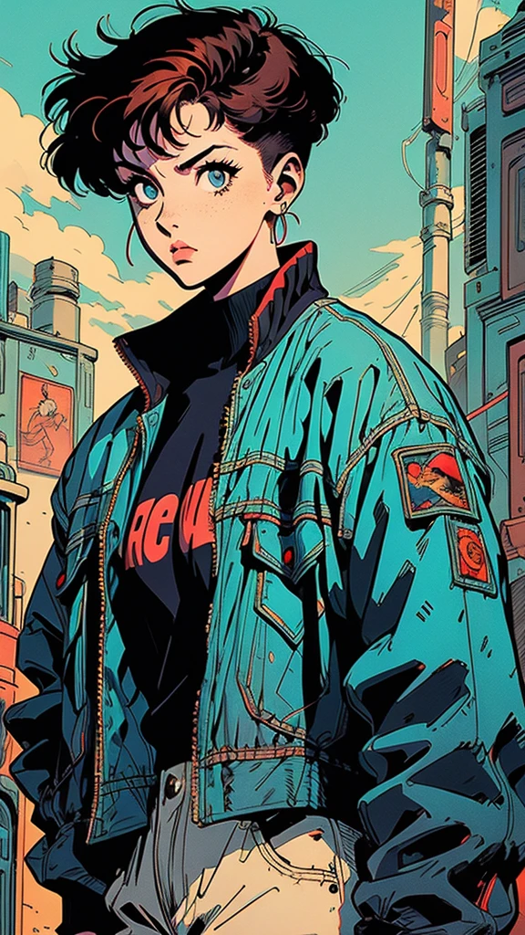 Beautiful woman with short red hair, freckles on her face, streetwere clothes, baggy and patterned clothes, denim jacket, dynamic pose, futuristic environment, cyberpunk environment, futuristic background, with a katana in her hands ready to fight, dynamic poses, cinematic angle, well-marked lines, very evident outline in the drawing, 90's cartoon style, Vintage cartoon style, Jae Lee style, J.H. Williams III style, Sean Murphy style