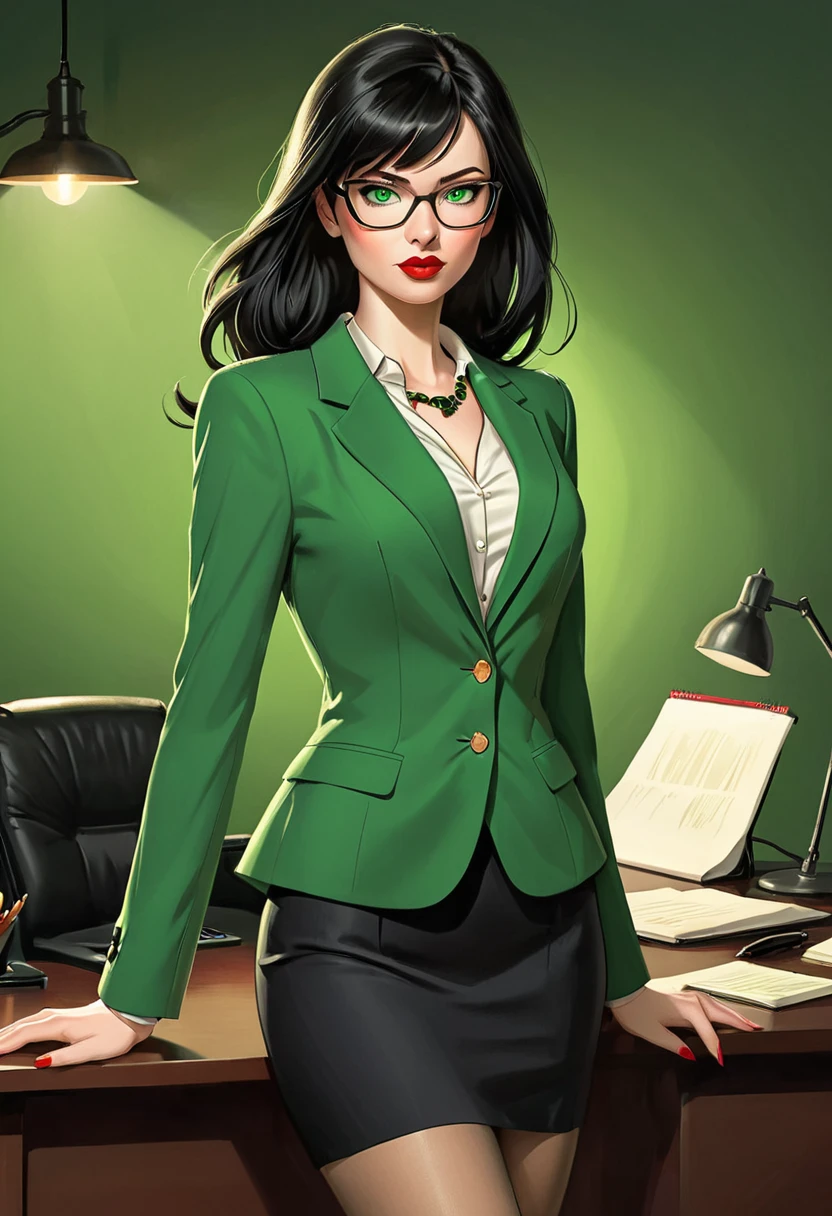 (realistic illustration:1.4). beautiful woman of Irish descent. tall, sexy figure, small perky breasts,(pale:1.3)complexion. black hair,(bangs), green eyes, nice legs, sexy confident lawyer, kind eyes,, eyeglasses, mascara, red lipstick, necklace, Green blazer, blouse, black pencil skirt, tan pantyhose, stiletto heels,(studio lighting,single light source,core shadows),