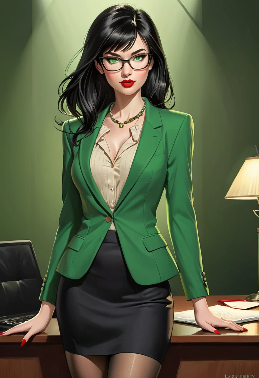 (realistic illustration:1.4). beautiful woman of Irish descent. tall, sexy figure, small perky breasts,(pale:1.3)complexion. black hair,(bangs), green eyes, nice legs, sexy confident lawyer, kind eyes,, eyeglasses, mascara, red lipstick, necklace, Green blazer, blouse, black pencil skirt, tan pantyhose, stiletto heels,(studio lighting,single light source,core shadows),