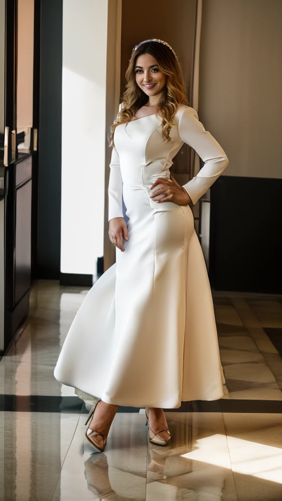 Beautiful woman with full body, standing, with a beautiful long white wedding dress  ,  high heel shoes ,  looking forward in a model pose with a beautiful smile in the city of São Paulo 