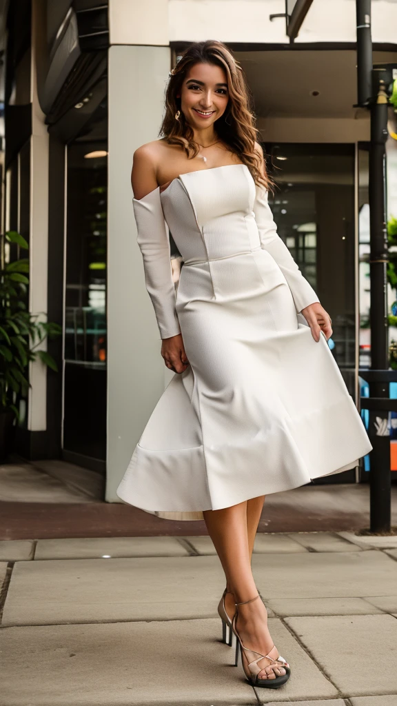 Beautiful woman with full body, standing, with a beautiful long white wedding dress  ,  high heel shoes ,  looking forward in a model pose with a beautiful smile in the city of São Paulo 