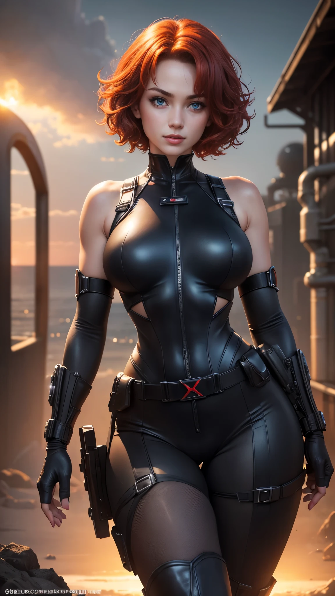 Regina da dino crisis,(best quality, 4K,8k,high resolution,work of art:1.2)(weather: sunset), tropical island background, chemical facility, wide hips, short curly hair, red hair, freckles, black sleeveless leotard, bodysuit, harness, leggings, boots, elbow long gloves, light makeup, dark eyeshadow, flirting pose, ultra detailed,portrait,realistic,beautiful detailed blue eyes, beautiful detailed lips,extremely detailed eye and face, long eyelashes,average, large breasts,flying hair,beaming smile, sexy smile, powerful girl, bright coloured, dramatic lighting, smoke,