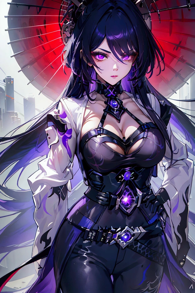 a woman with purple black hair, sad expression, glowing purple eyes, a white shirt, black pants, with red energy around her, with a big katana, (best quality,4k,8k,highres,masterpiece:1.2),ultra-detailed,detailed eyes,detailed lips,extremely detailed face,longeyelashes,fantasy,concept art,cinematic lighting,dramatic lighting,volumetric lighting,vibrant colors,hyper detailed
