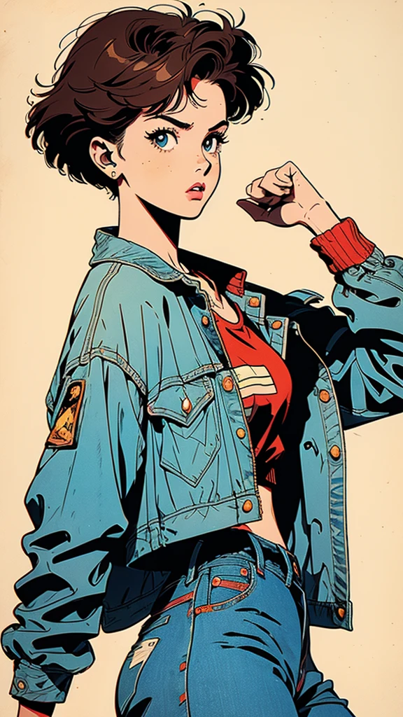 Beautiful woman with short red hair, freckles on her face, streetwere clothes, loose and patterned clothes, denim jacket, dynamic pose, with a katana in her hands ready to fight, dynamic poses, cinematic angle, well-marked lines, very evident outline in the drawing, 90's cartoon style, Vintage cartoon style, Jae Lee style, J.H. Williams III style, Sean Murphy style