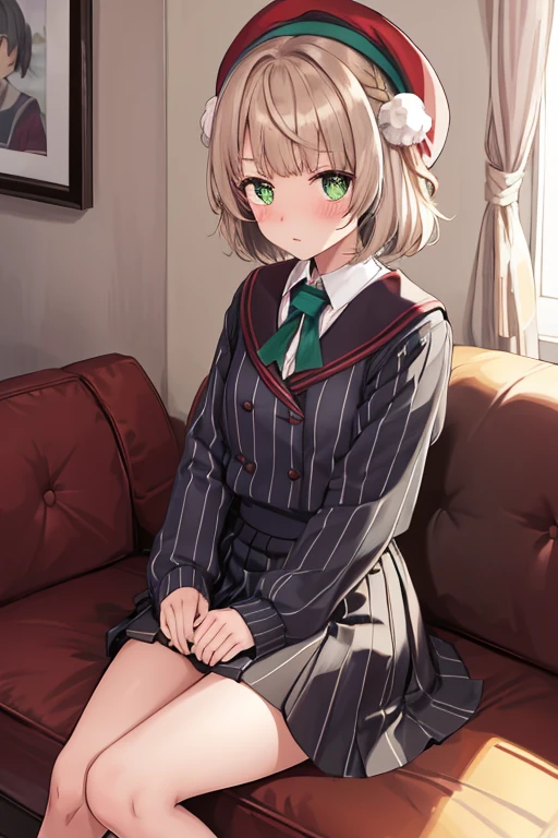 ighest quality, High resolution, question 1, One girl, alone, Hair Ring, Green Eyes, Pompom hair ornament, Sailor collar, Long sleeve, Striped jacket, Braiding, vertical_striped skirt, vertical stripes, beret, embarrassed, blush, Small breasts, Dark Classroom, Girl sitting on sofa, Place both hands on crotch