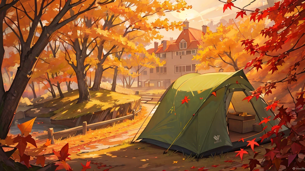 (masterpiece:1.2), Best Quality,Pixiv,  High Resolution , Super detailed, The careful depiction of only landscapes that do not include people （1.7）No humans appear,Humans not included,
Fall campground、There are tents set up right in front of you, and there is a bonfire made of stone、Fallen leaves and autumn leaves that block the view fly through the air
Mori Sora、The beautiful light of the Spirit Sunset shines in 、 leaves, natural beauty, surprise, magic, red leaves, yellow leaves, autumn leaves, forest light effects, mysterious atmosphere, shadow composition, otherworldly experience