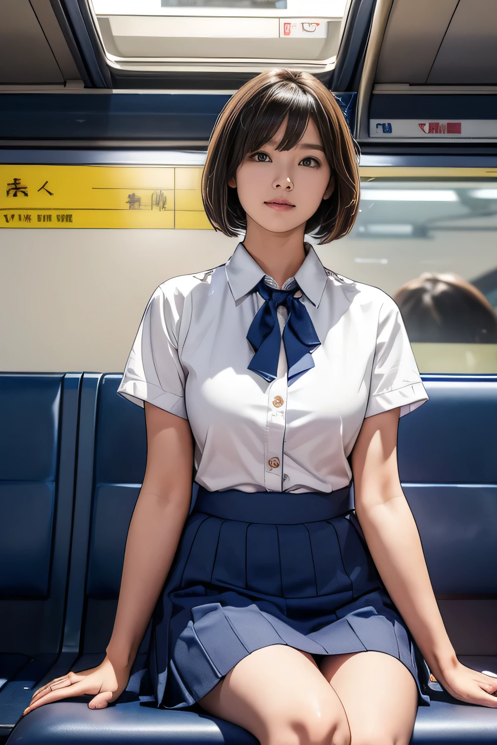 product quality, 1girl, upper body shot, front view, a Japanese young pretty woman, bob hair, sitting with a big smile on a long seat in a crowded train in the evening, glamorous figure, wearing a short sleeves white collared silky shirt with satin dark blue plain bow tie, wearing a dark blue pleated long skirt, carrying one tote bag over her shoulder, hyper cute face, glossy lips, double eyelids in both eyes, natural makeup, long eyelashes, shiny smooth light brown bob hair, asymmetrical bangs, a tanned skin, central image, high resolution, high detail, detailed hairstyle, detailed face, spectacular cinematic lighting, octane rendering, vibrant, hyper realistic, perfect limbs, perfect anatomy