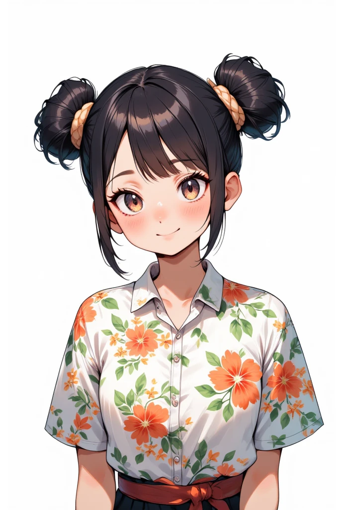 (masterpiece, best quality:1.2), cartoonish character design。1 girl, alone，big eyes，cute expression，Two hair buns，Floral shirt，interesting，interesting，clean lines