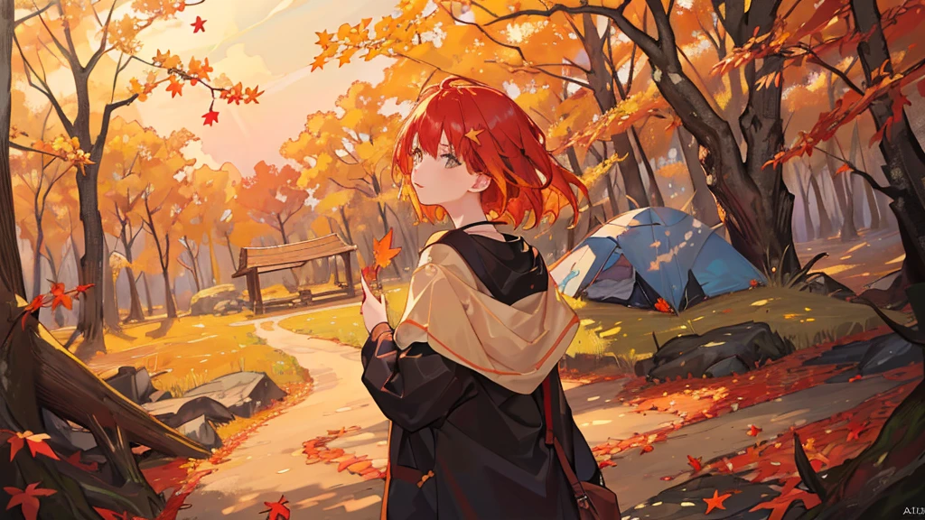 (masterpiece:1.2), Best Quality,Pixiv,  High Resolution , Super detailed, The careful depiction of only landscapes that do not include people （1.7）No humans appear,Humans not included,
Fall campground、There are tents set up right in front of you, and there is a bonfire made of stone、Fallen leaves and autumn leaves that block the view fly through the air
Mori Sora、The beautiful light of the Spirit Sunset shines in 、 leaves, natural beauty, surprise, magic, red leaves, yellow leaves, autumn leaves, forest light effects, mysterious atmosphere, shadow composition, otherworldly experience