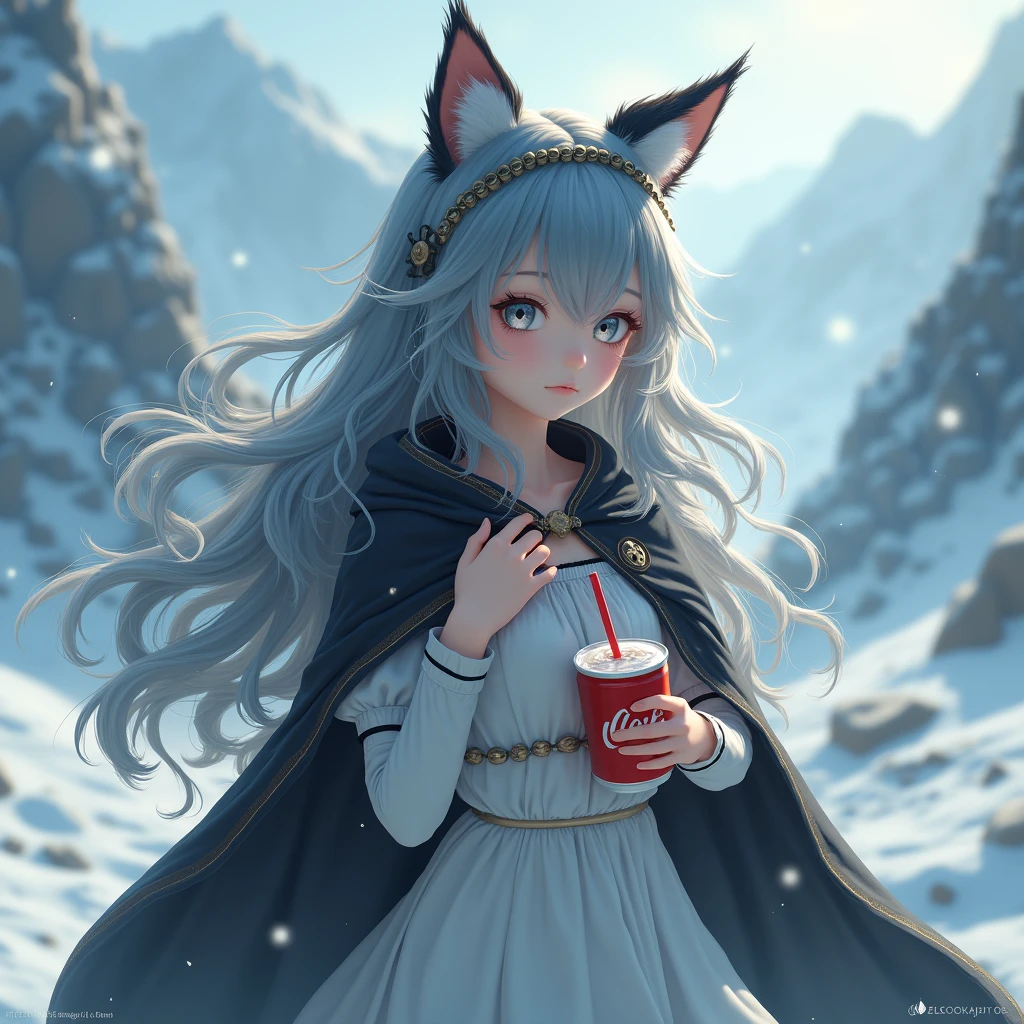 ( masterpiece,  The best quality :1.2),1 girl,  upper body ,cola, large cola,  white hair ,  very long hair ,  wavy hair , grey eyes, decolaed eyes,  Multicolored Hair , circlet, bead necklace,  animal ears , leopard ears, black cape,  white dress , hip vent, pelvic curtain, Grey thigh high stockings, snowy, snowy mountains, blizzard,  volumetric lighting ,  subsurface dispersion ,  motion picture lighting, chiaroscuro, floating hair, Hand on own chest