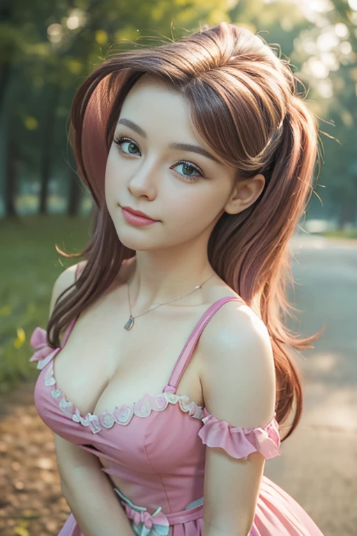 (The best quality, 4k, 8k, High Resolutions, masterpiece:1.2), ultra detailed, detailed face, Detailed lips and eyes..........., cute makeup , attractive appearance, expressive face, realist,
BREAK   ,Beautiful Caucasian woman with shoulder length messy wavy pink hair, , big blue eyes, clear skin, slim and athletic, hair that covers one eye,
BREAK  (dynamic pose),  big breasts , excited expression, Soft sunlight illuminating the scene, Subtle movement of the wind in the hair, happy expression, gloomy atmosphere, kindly, Natural lighting that emphasizes your features..........., Subtle shadows that add depth and dimension to the image..........., (maduro)  noisy, mlp Fluttershy  , long pink fur , pink hair  , ELEGANT DRESS , low-cut dress , neckline  , big breasts , forest , butterflies , Whole body , happy  ,1 patient , medium breasts , forest , sunny day , cute animals, country clothes , tiene un adorno con figura de mariposa en el cabello , alegre , linda sonrisa , vestido color turquesa 