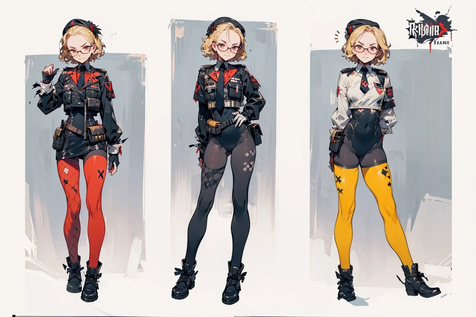 in a dark and gloomy world, high quality,detailed, dynamic lighting, exquisite, grinning, frowning, blonde girl short hair forehead side part,ridicule smile,delightful,sanpaku, torn Black leotard,White necktie,(red tights3),Black blouson,military,Black beret,black silk gloves, glasses, skinny, urban tactical harness magazine pouch, black long boots, (Femdom), black socks, pantyhose,