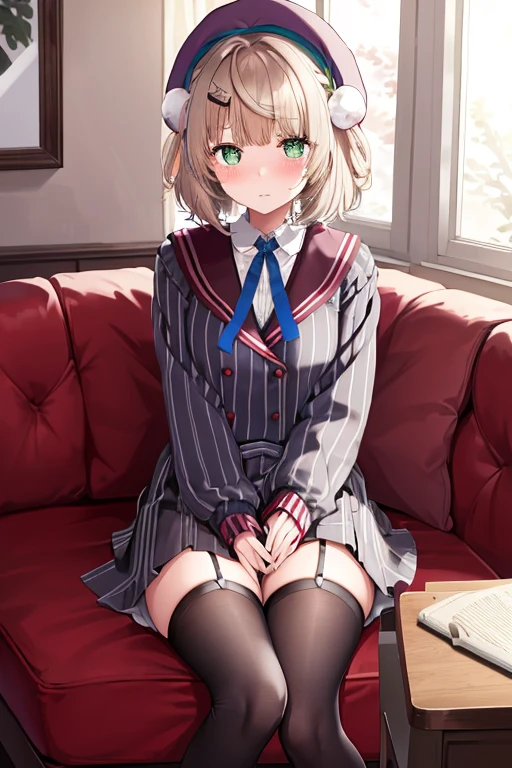 ighest quality, High resolution, question 1, One girl, alone, Hair Ring, Green Eyes, Pompom hair ornament, Sailor collar, Long sleeve, Striped jacket, Braiding, vertical_striped skirt, vertical stripes, beret, embarrassed, blush, Small breasts, Dark Classroom, Girl sitting on sofa, Place both hands on crotch