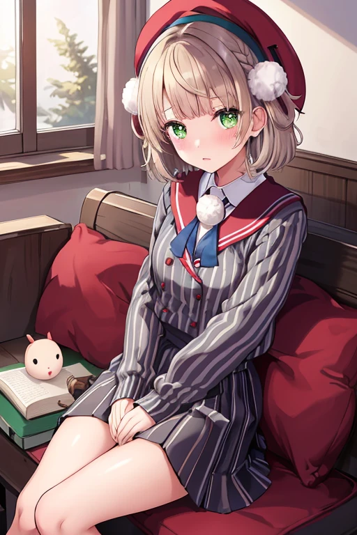 ighest quality, High resolution, question 1, One girl, alone, Hair Ring, Green Eyes, Pompom hair ornament, Sailor collar, Long sleeve, Striped jacket, Braiding, vertical_striped skirt, vertical stripes, beret, embarrassed, blush, Small breasts, Dark Classroom, Girl sitting on sofa, Place both hands on crotch