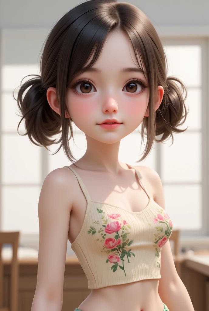 (masterpiece, best quality:1.2), cartoonish character design。1 girl, alone，big eyes，cute expression，Two hair buns，Floral shirt，interesting，interesting，clean lines