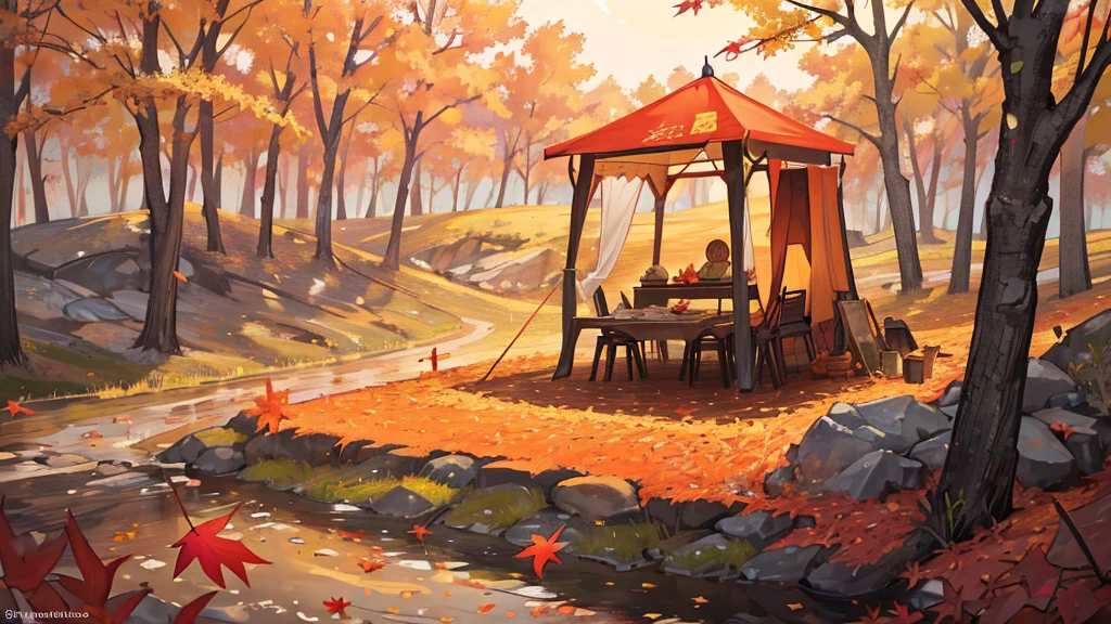 (masterpiece:1.2), Best Quality,Pixiv,  High Resolution , Super detailed, The careful depiction of only landscapes that do not include people （1.7）No humans appear,Humans not included,
Fall campground、There are tents set up right in front of you, and there is a bonfire made of stone、Fallen leaves and autumn leaves that block the view fly through the air
Mori Sora、The beautiful light of the Spirit Sunset shines in 、 leaves, natural beauty, surprise, magic, red leaves, yellow leaves, autumn leaves, forest light effects, mysterious atmosphere, shadow composition, otherworldly experience