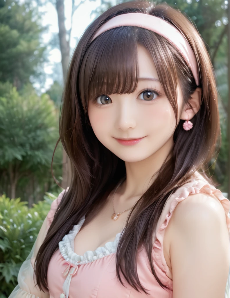 high resolution, best quality, extremely detailed CG, perfect anatomy, perfect hands, high resolution, best quality, extremely detailed CG, perfect anatomy, perfect hands, 1girl, solo, long hair, brown hair, looking at viewer, brown eyes, smile, blush, bangs, closed mouth, face, 20 years old, Japanese, dress, forest, 3d, photorealistic, realistic, portrait, photo \(medium\), ((detailed shapely nose, detailed big eyes, detailed brown hair)), pink lips, headband, earrings, necklace, 