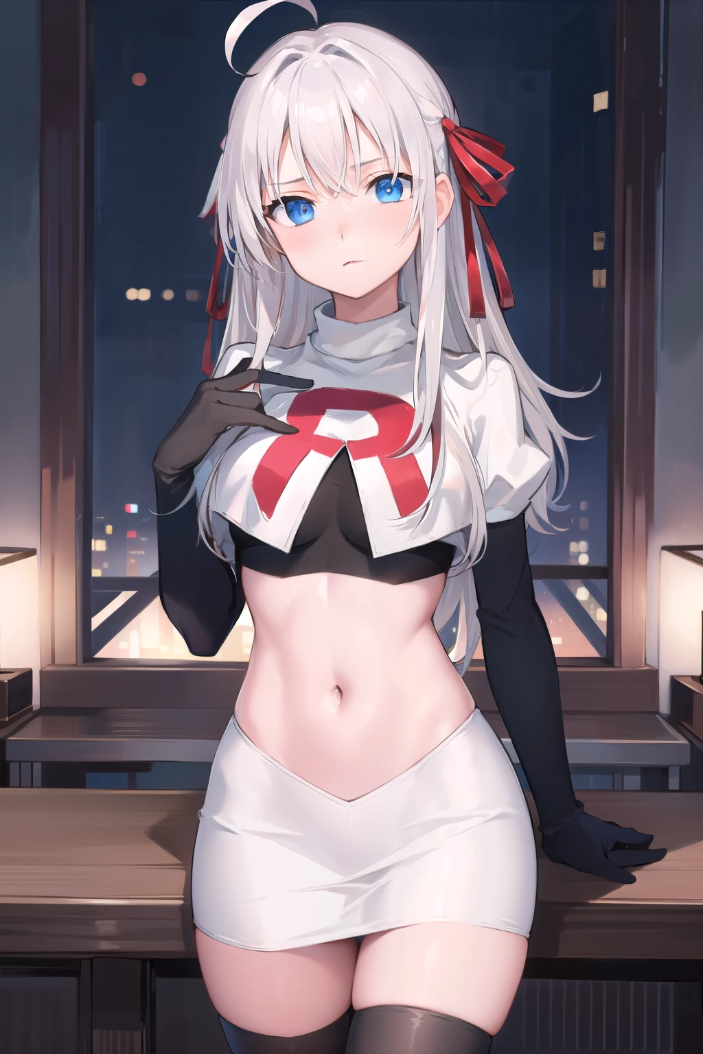fgokama, kama, hair ribbon, (red eyes:1.5), red ribbon, ribbon, long hair, white hair,
BREAK earrings, jewelry, ring, team rocket,team rocket uniform,white skirt,red letter R,crop top,black thigh-highs,black elbow gloves
BREAK looking at viewer,
BREAK (masterpiece:1.2), best quality, high resolution, unity 8k wallpaper, (illustration:0.8), (beautiful detailed eyes:1.6), extremely detailed face, perfect lighting, extremely detailed CG, (perfect hands, perfect anatomy),