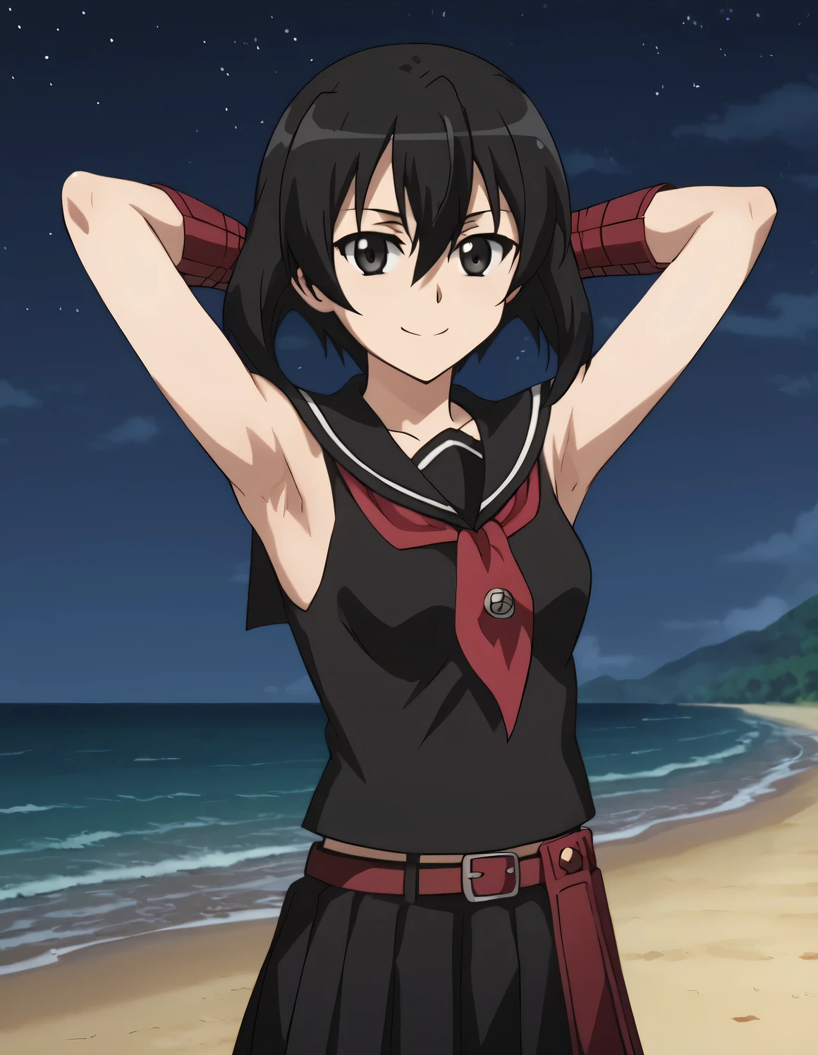 kurome, school uniform, serafuku, black serafuku, short hair, skirt, hair between eyes, pantyhose, shiny skin, high quality, closed mouth, looking at viewer, showing armpit, looking at viewer, solo, {contrapposto}, spread armpit, arms behind head, smile, looking at viewer, cowboy shot, closed mouth, night sky, beach, best quality