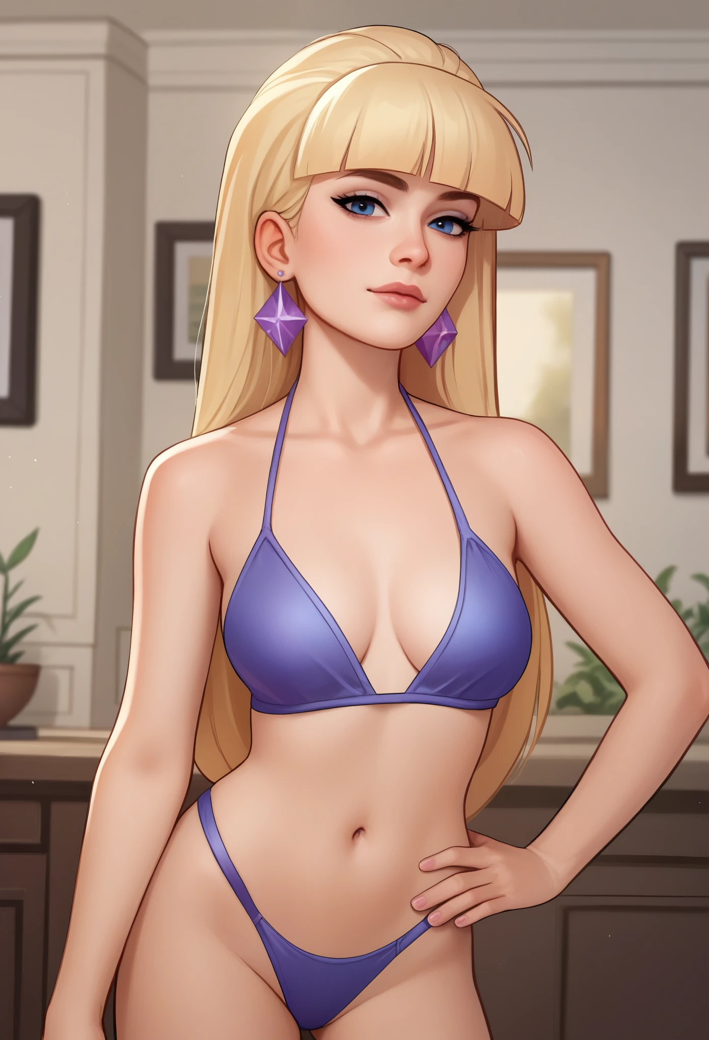 account_9, account_8_ex, account_7_ex, account_6_ex, account_5_ex, account_4_ex,pacifica, 1girl, solo, long blonde hair with bangs, hand on hip, dark blue eyes, purple shadows,round lavender earrings,looking at the viewer, swimsuit. standing straight,front view